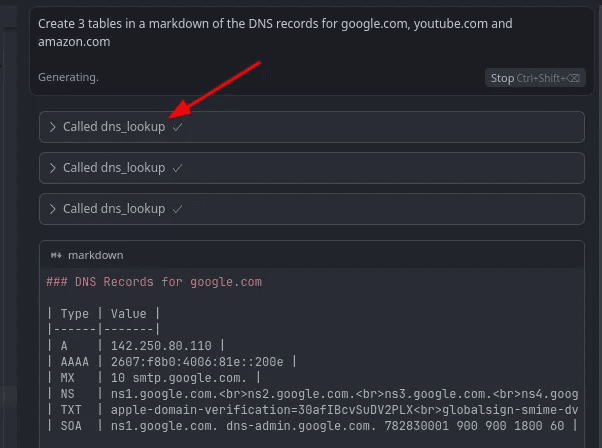 AI assistant using DNS lookup MCP server to query domain records