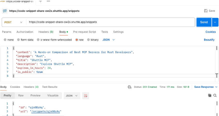 Postman POST request creating a new code snippet with JSON payload