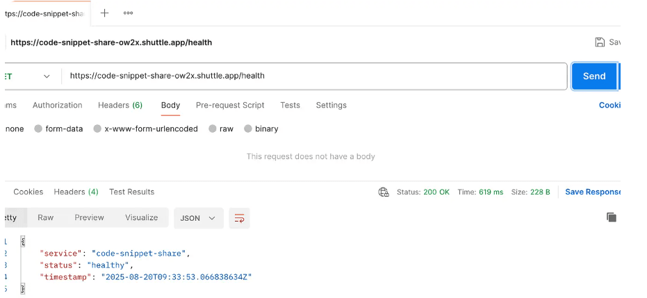 Postman request testing the health endpoint showing successful response