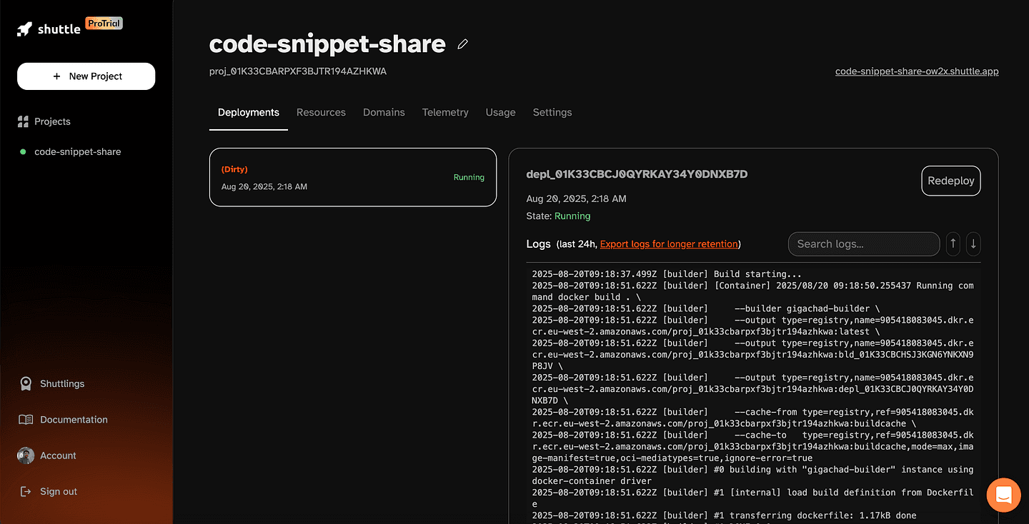 Shuttle deployment console showing successful deployment with generated URL
