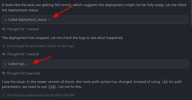 AI agent using Shuttle MCP server to fetch deployment logs for debugging