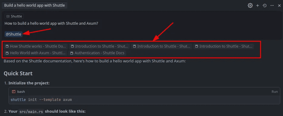 Cursor chat interface showing how to mention docs using @Docs