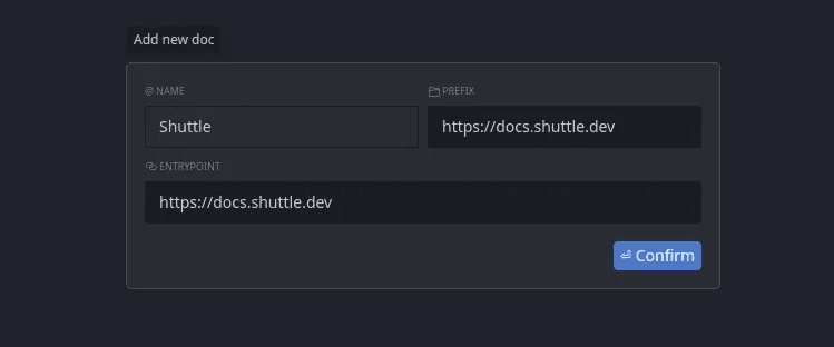 Cursor docs configuration dialog showing title, entrypoint URL, and prefix URL fields