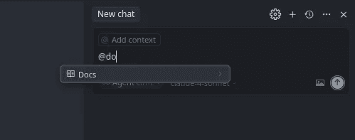 Cursor chat panel showing the @Docs command