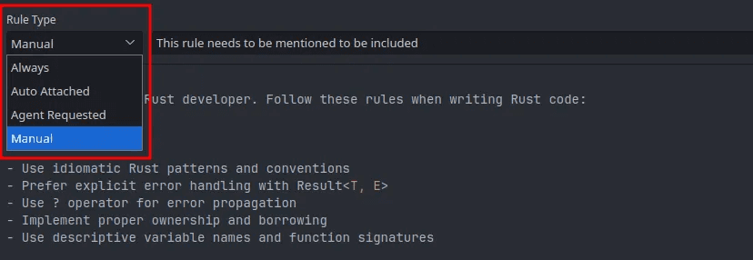 Cursor rules configuration interface showing different rule attachment options