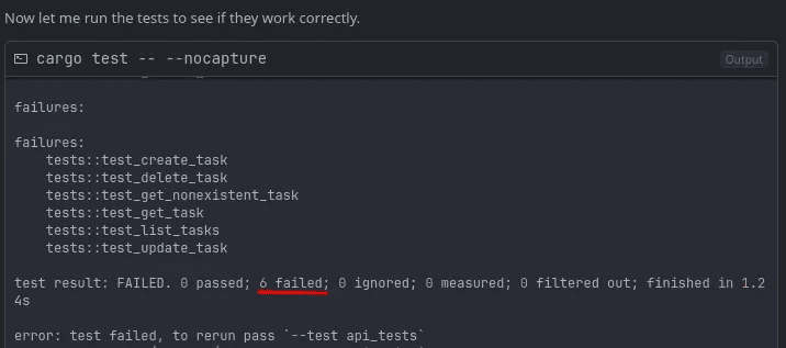 Terminal output showing failing test results