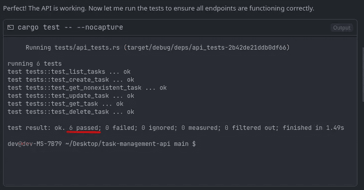 Terminal output showing all tests passing successfully