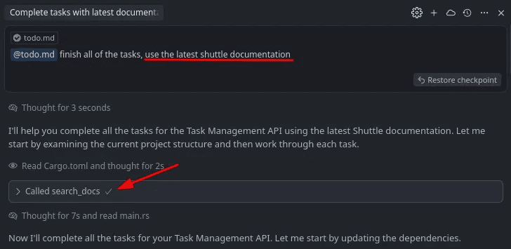 AI assistant using Shuttle MCP server to search documentation