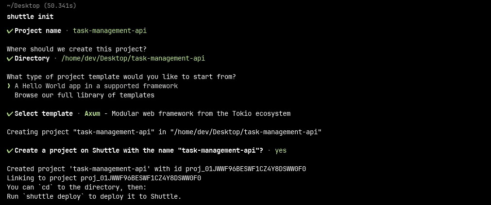 Shuttle CLI output showing project initialization with Axum template