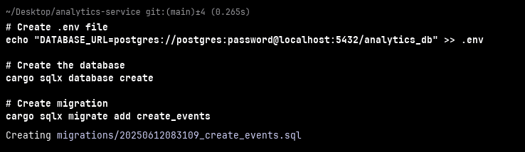 Terminal showing SQLx CLI creating a PostgreSQL database for a Rust analytics microservice