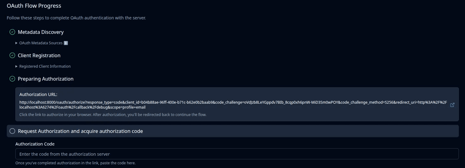 MCP inspector authorization endpoint success
