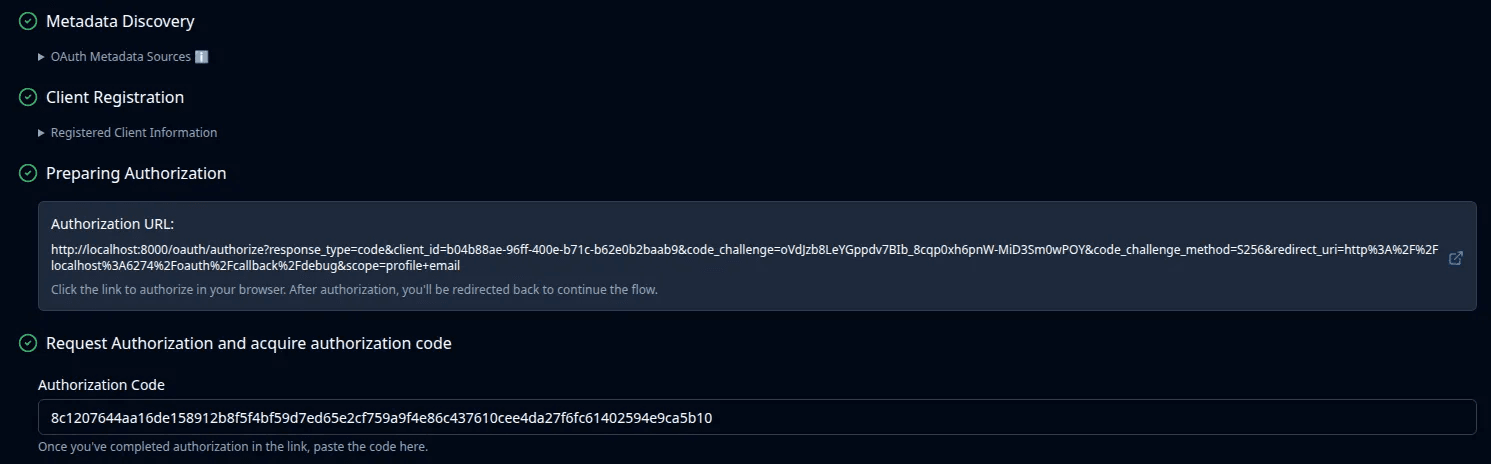 MCP inspector authorization success