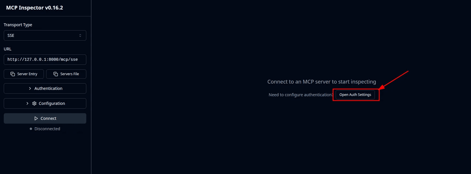 MCP inspector open Auth settings
