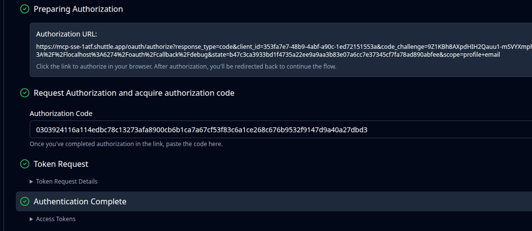 MCP inspector token endpoint success