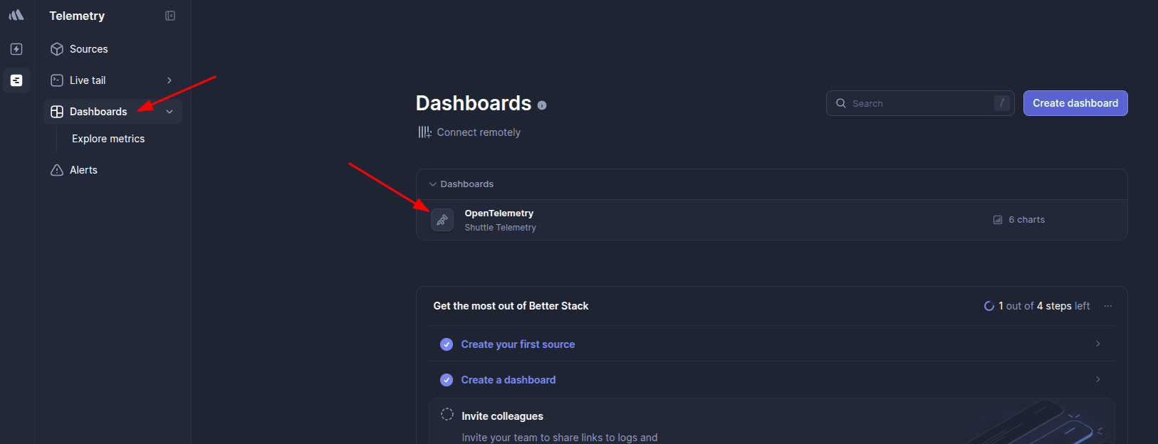 BetterStack navigate to dashboards