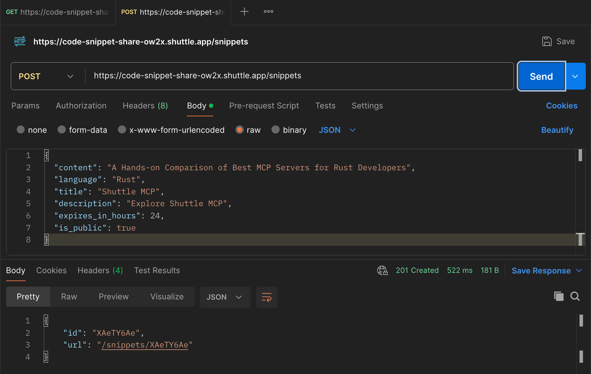 Click to expand image Postman POST request creating a new code snippet with JSON payload