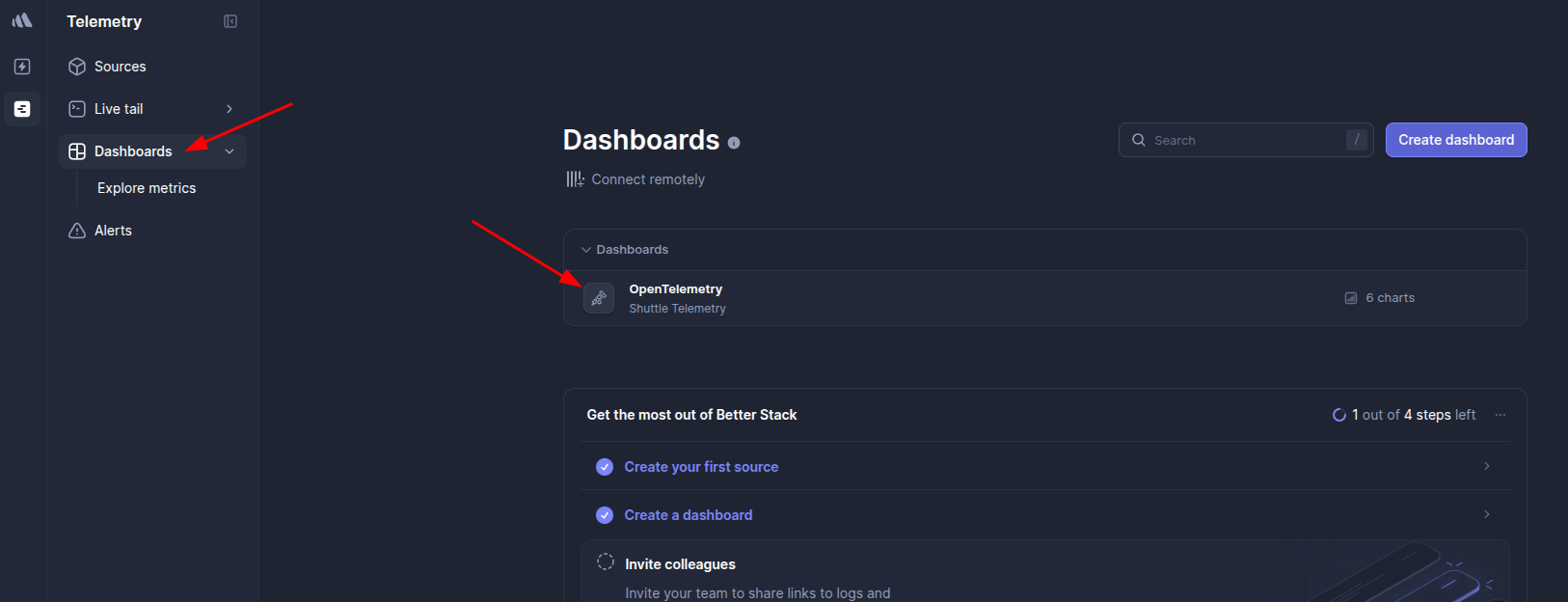 BetterStack navigate to dashboards
